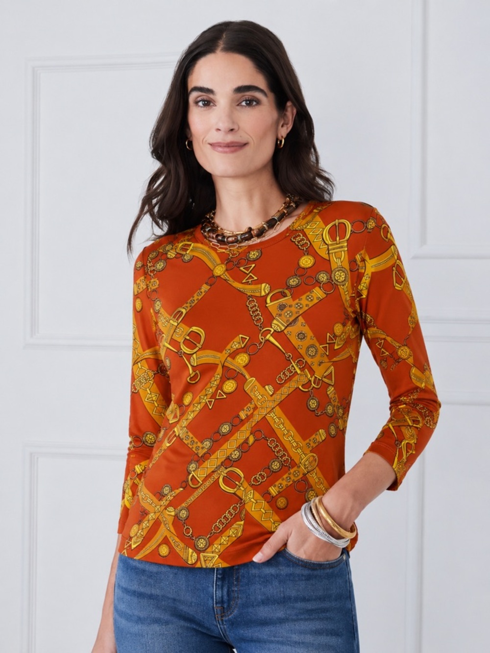 J. MCLAUGHLIN SIGNATURE JMC1481 BELT CHAIN ORANGE 3/4 SLEEVE TEE TOP
